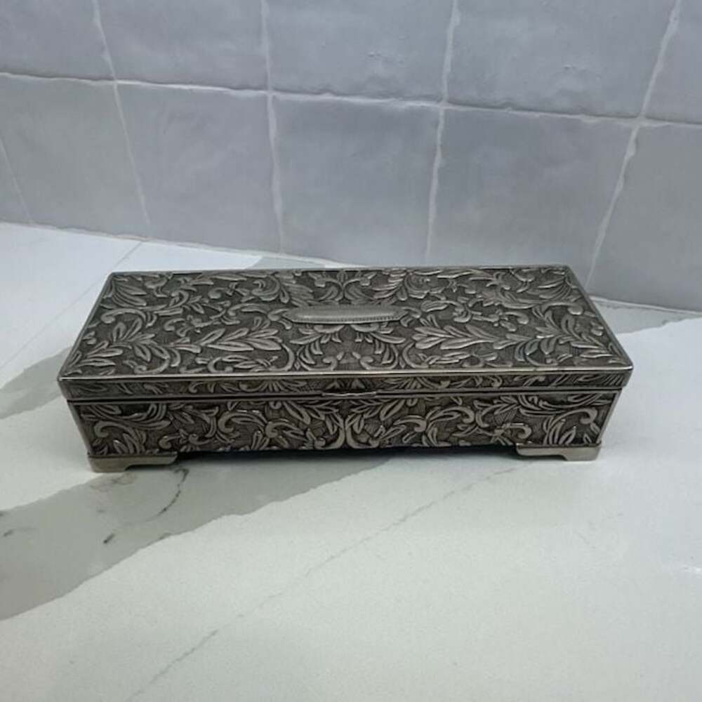 Vintage Godinger Silver Plated Ornate Embossed Jewelry Box with Mirror